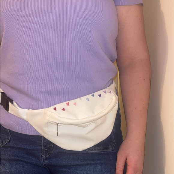 Handmade Handbags - White Belt Bag with Hand Embroidered Heart Accents